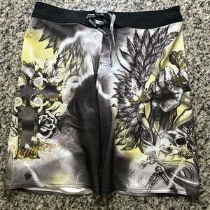 Remetee Mens Board Shorts Graphic Print with Cross and Skull Design Size 36